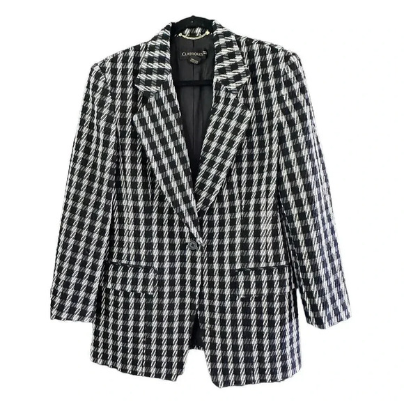 Classiques Grey & Black Wool Double Breasted Checked Houndstooth Blazer Size M - Picture 1 of 7